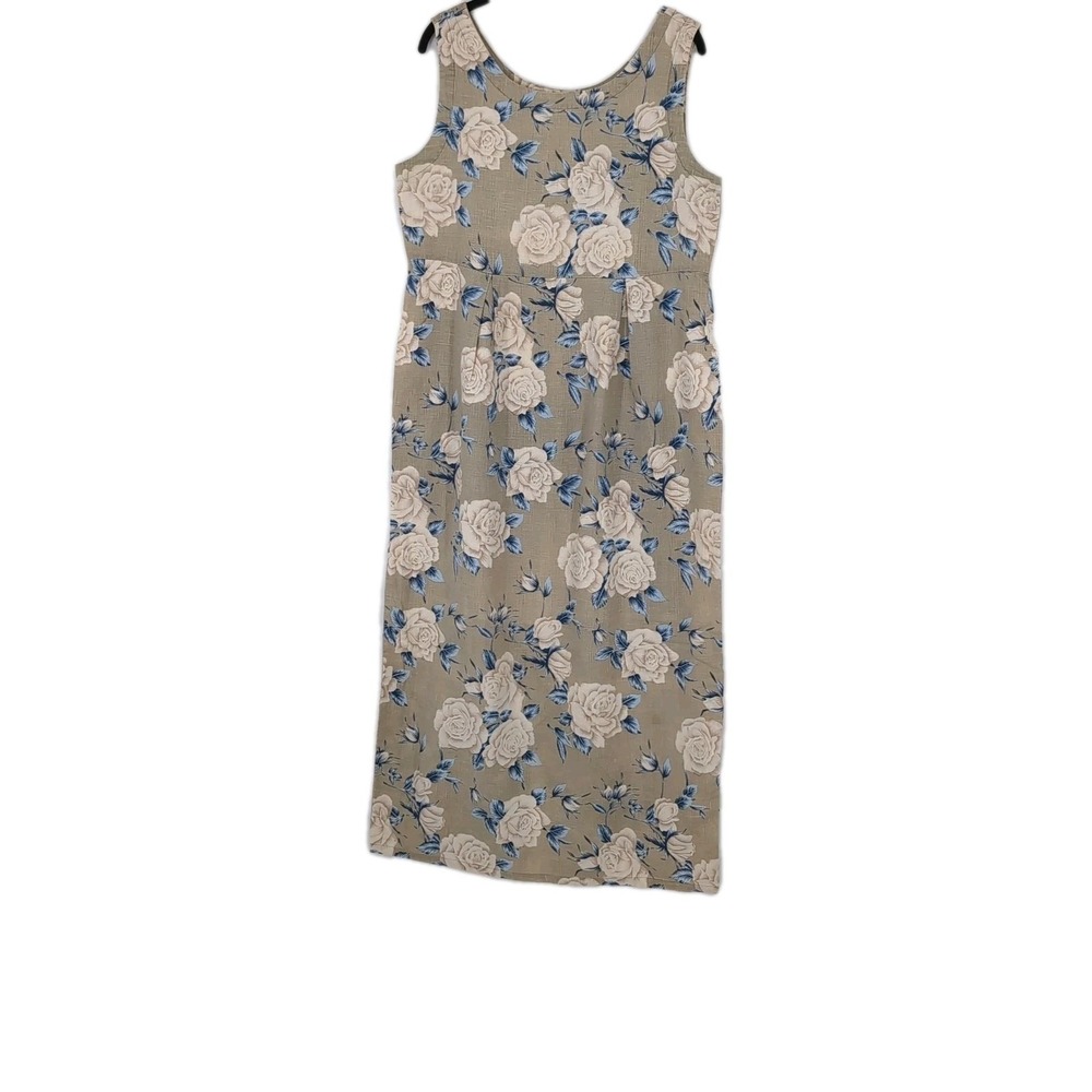 Cherokee Vintage Floral Linen Blend Maxi Dress Tan Blue Rose Cottagecore Large